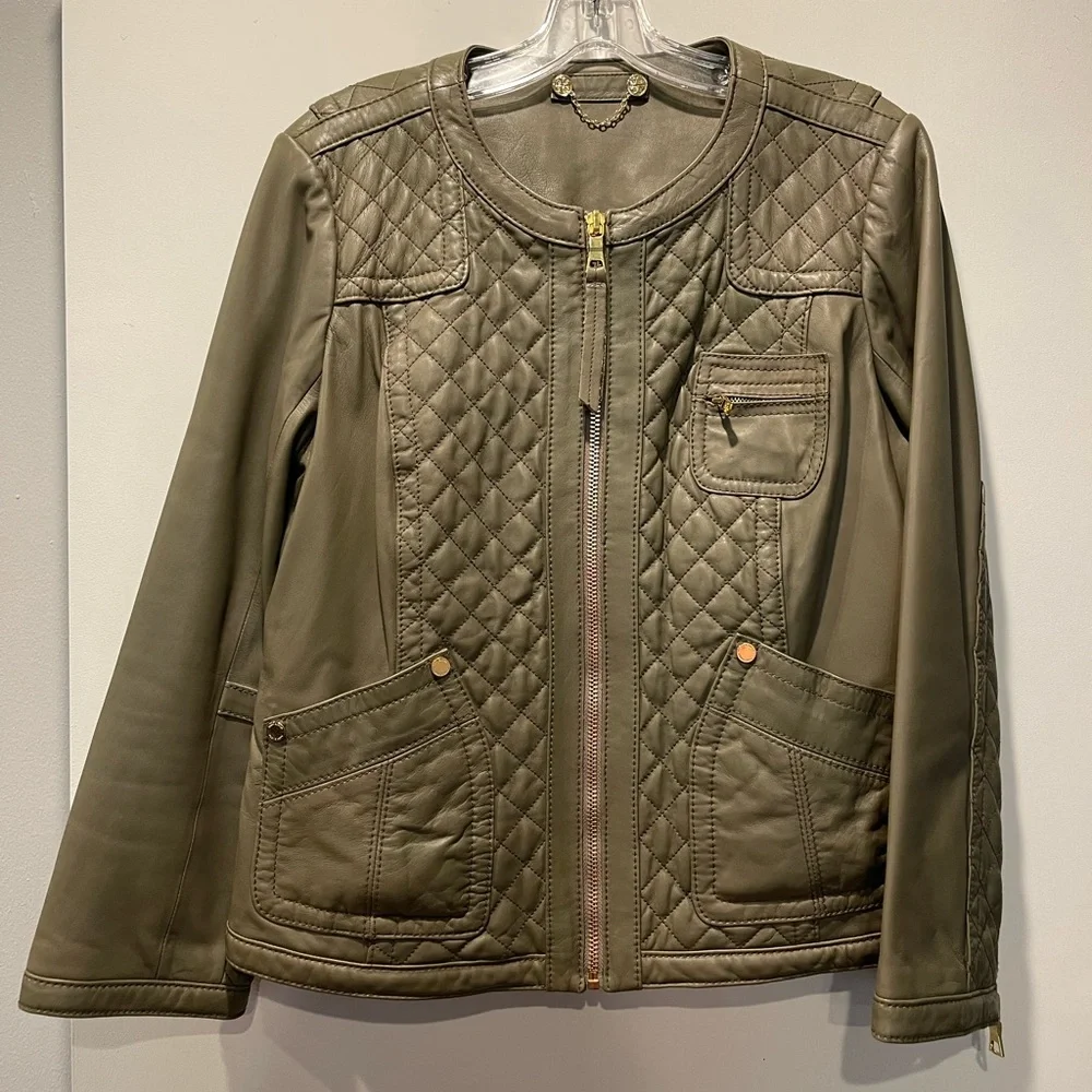 Tory Burch XL Leather Jacket Quilted Taupe/Gray Moto Style EUC - Picture 4 of 12
